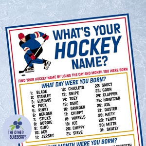 Juego "¿Cuál es tu nombre de hockey?" con etiquetas con nombre y letrero / Juego de hockey / Cumpleaños de hockey / Actividad de fiesta de hockey / Fiesta temática de hockey / Imprimible