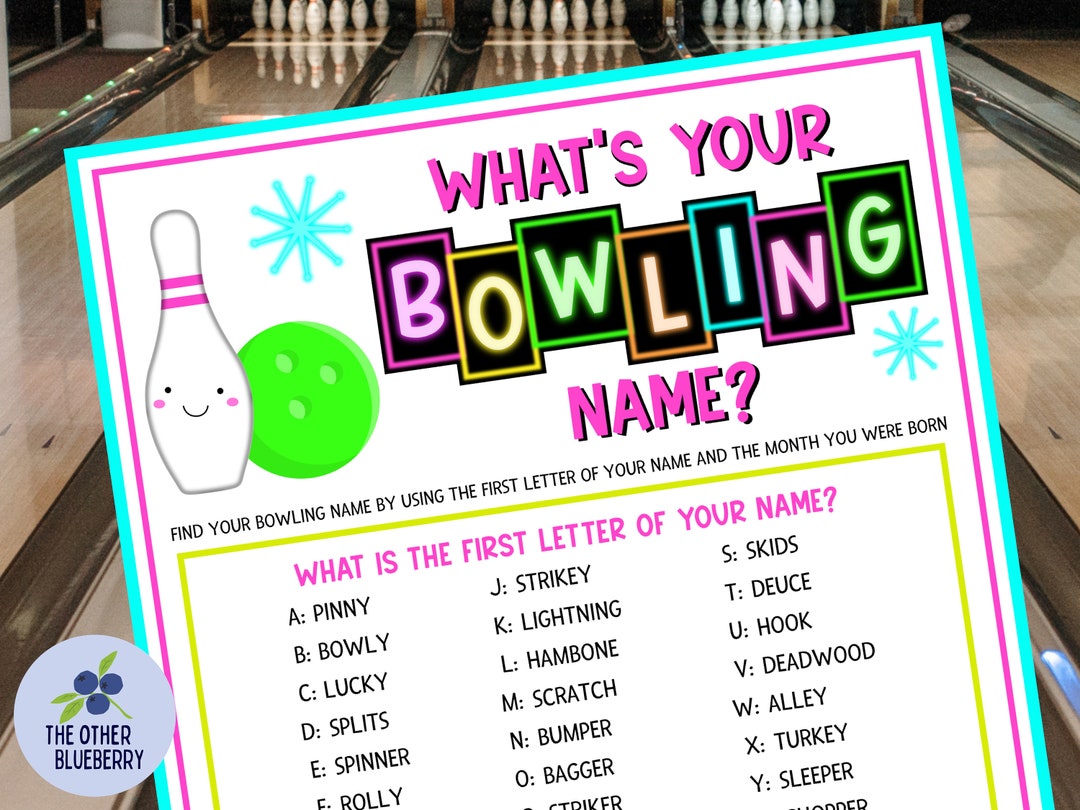 What's Your Bowling Name Game With Nametags & Sign Cosmic Bowling Neon