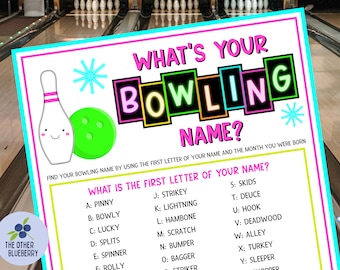 What's Your Bowling Name Game with Nametags & Sign | Cosmic Bowling | Neon Bowling | Birthday Party Game | Bowling Night | Printable