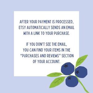May include: A white square with text about Etsy purchases on a light blue background. The text reads: "AFTER YOUR PAYMENT IS PROCESSED, ETSY AUTOMATICALLY SENDS AN EMAIL WITH A LINK TO YOUR PURCHASE. IF YOU DON'T SEE THE EMAIL, YOU CAN FIND YOUR ITEMS IN THE 'PURCHASES AND REVIEWS' SECTION OF YOUR ACCOUNT." There is a sprig of blueberries in the lower right corner.