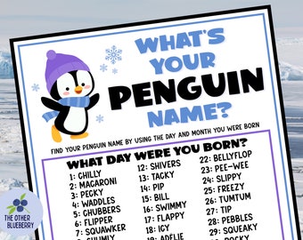 What's Your Penguin Name Game with Name Tags & Sign | Penguin Party | Penguin Theme | Penguin Birthday | Winter Party Activity | Printable