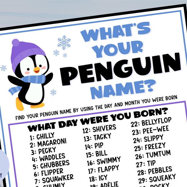 Quel est votre jeu de nom de pingouin avec étiquettes de nom et signe | Fête des Pingouins | Thème Pingouin | Anniversaire de pingouin | Activité de fête d'hiver | Imprimable