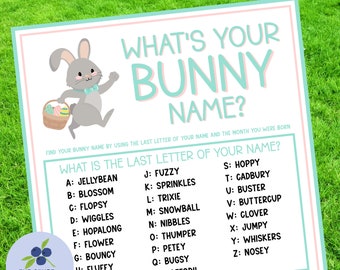 Quel est votre nom de lapin - Jeu de société avec plaque nominative et plaque | Jeu de Pâques | Brise-glace | Jeu de printemps | Activité de décoration d'oeufs | Imprimable