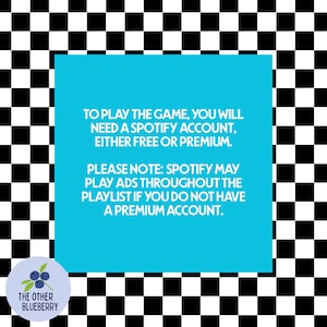 May include: A square image with a black and white checkered background. A light blue rectangle in the center contains white text about Spotify accounts. A circular logo with blueberries and the text "THE OTHER BLUEBERRY" is in the lower left corner.