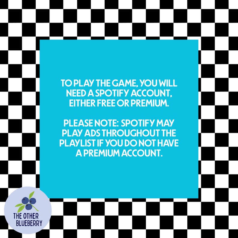 May include: A square image with a black and white checkered background. A light blue rectangle in the center contains white text about Spotify accounts. A circular logo with blueberries and the text "THE OTHER BLUEBERRY" is in the lower left corner.