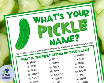 Was ist Ihr Pickle-Namensspiel mit Namensschildern & Schild | Gurken-Partyspiel | Art eines großen Dill | Essiggurkenpalooza | Geburtstag | Dusche | Druckbar