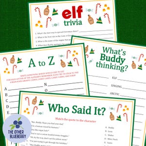 May include: A printable Elf trivia game with four different game cards. The cards are green with yellow and red accents. The cards feature a variety of questions and activities related to the movie Elf. The cards include questions like "What's the best way to spread Christmas cheer?" and "What is the first rule in the Code of Elves?"