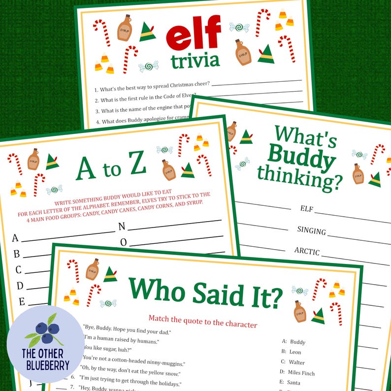 May include: A printable Elf trivia game with four different game cards. The cards are green with yellow and red accents. The cards feature a variety of questions and activities related to the movie Elf. The cards include questions like "What's the best way to spread Christmas cheer?" and "What is the first rule in the Code of Elves?"