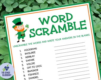 May include: A printable St. Patrick's Day word scramble game featuring a cartoon leprechaun holding a shamrock. The game includes nine words to unscramble, such as "hockrams" and "ratsuree".