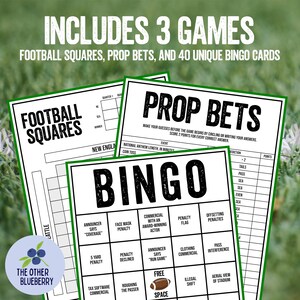 Puede incluir: Un conjunto de tarjetas de juego con tem&aacute;tica de f&uacute;tbol, que incluyen Football Squares, Prop Bets y Bingo. Las tarjetas tienen un borde verde e incluyen texto como "Football Squares", "Prop Bets" y "Bingo". La imagen tambi&eacute;n incluye el texto "Includes 3 Games".