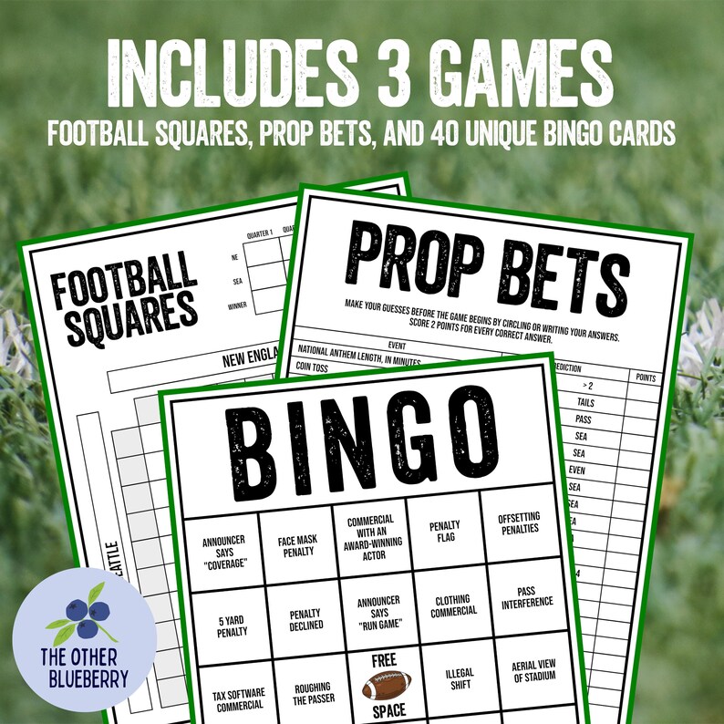 Puede incluir: Un conjunto de tarjetas de juego con tem&aacute;tica de f&uacute;tbol, que incluyen Football Squares, Prop Bets y Bingo. Las tarjetas tienen un borde verde e incluyen texto como "Football Squares", "Prop Bets" y "Bingo". La imagen tambi&eacute;n incluye el texto "Includes 3 Games".