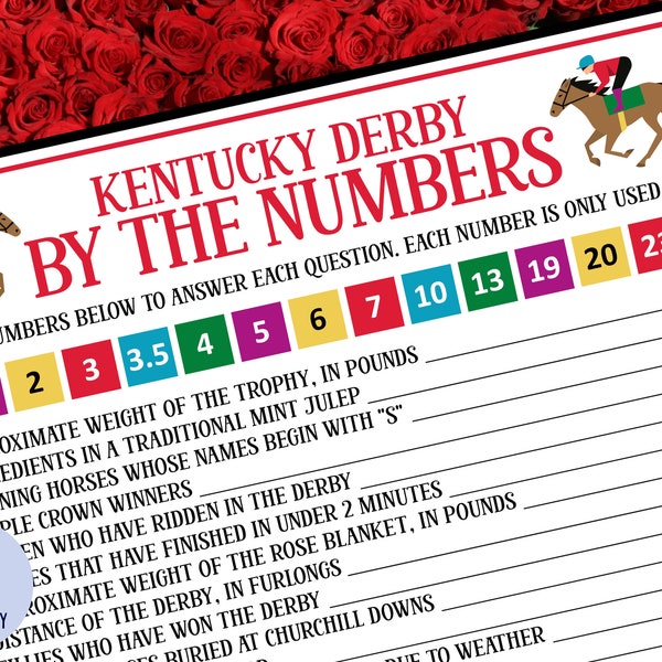 Derby Game | Derby Trivia | Kentucky Derby Party Game | Run for the Roses | Night at the Races | Derby Day | Derby Theme Party | Printable