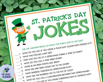 May include: A printable St. Patrick's Day joke sheet with a cartoon leprechaun holding a four-leaf clover. The sheet includes nine jokes with punchlines that need to be matched to the correct joke.