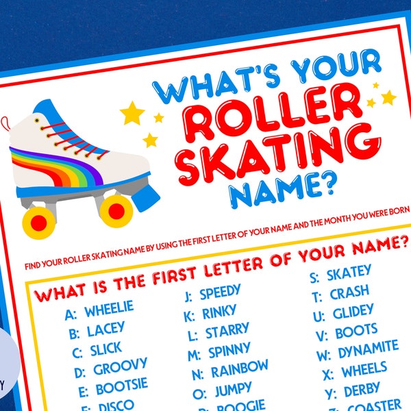 What's Your Roller Skating Name Party Game with Name Tags & Sign | Skating Party Game | Roller Rink Game | Skate Night |  Printable
