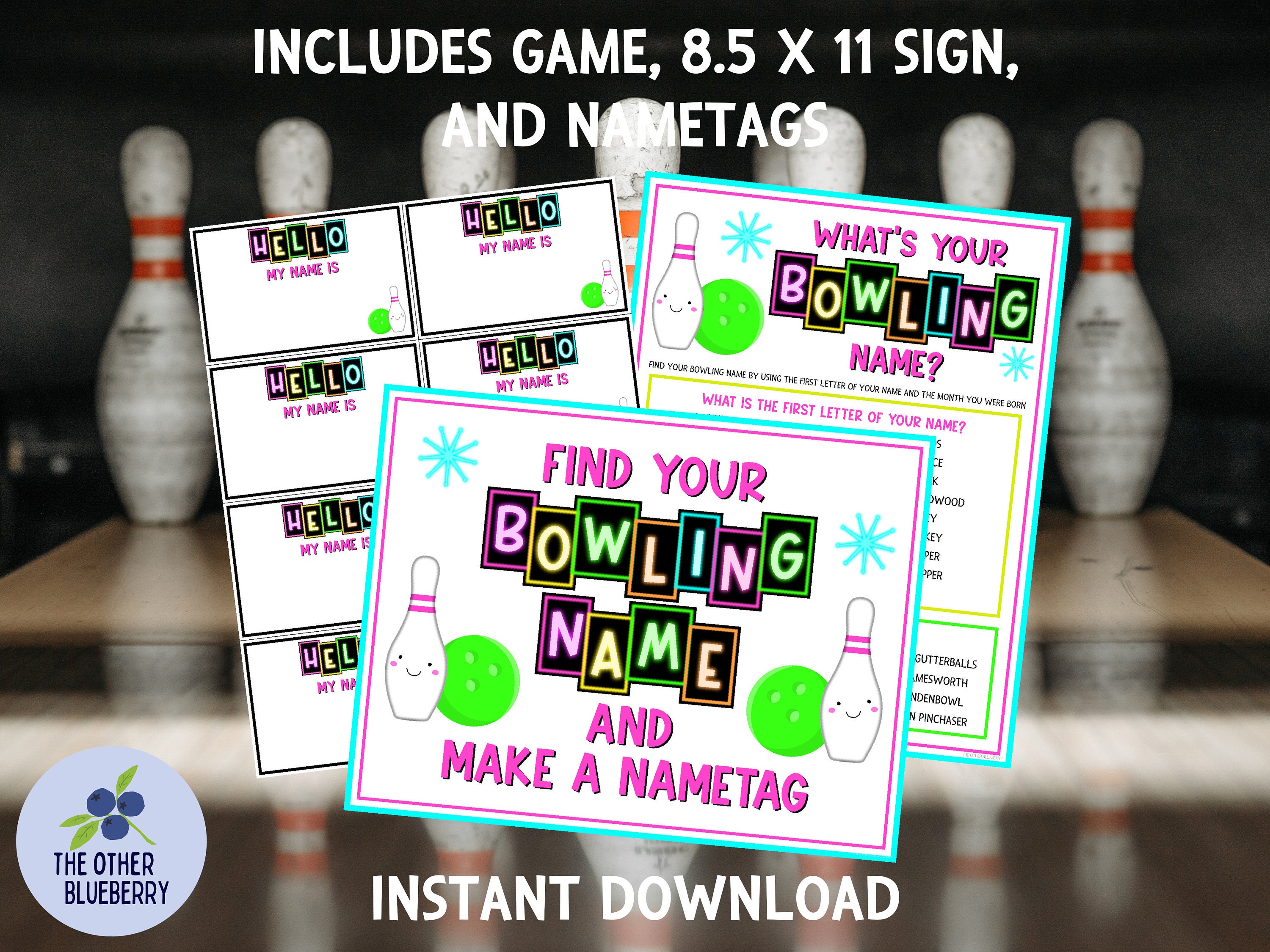 Whats Your Bowling Name Game With Nametags and Sign