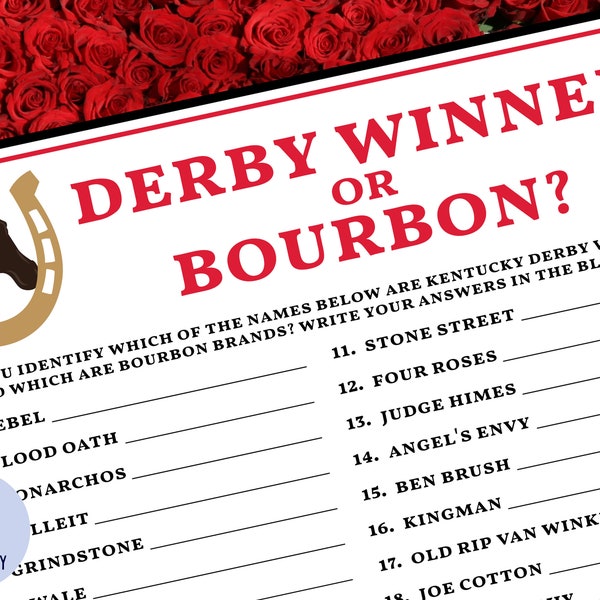 Derby Game | Derby Winner or Bourbon? | Kentucky Derby Party | Run for the Roses | Night at the Races | Trivia | Derby Theme | Printable
