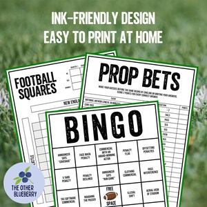 Puede incluir: Hojas de juego imprimibles para Bingo, Prop Bets y Football Squares con tem&aacute;tica de f&uacute;tbol americano. Las hojas son en blanco y negro con bordes verdes e incluyen t&eacute;rminos relacionados con el juego.