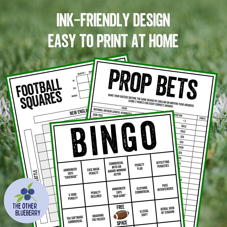 Puede incluir: Hojas de juego imprimibles para Bingo, Prop Bets y Football Squares con tem&aacute;tica de f&uacute;tbol americano. Las hojas son en blanco y negro con bordes verdes e incluyen t&eacute;rminos relacionados con el juego.