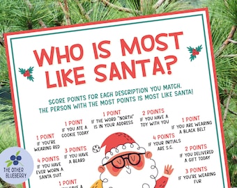 May include: A printable Christmas game with a cartoon Santa Claus illustration. The game is called "Who is Most Like Santa?" and asks players to score points for each description they match. The person with the most points is most like Santa.