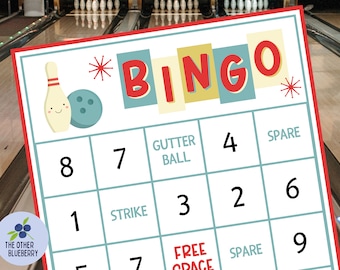 May include: A blue and white bingo card with a bowling pin and ball illustration. The card has numbers 1-9, "gutter ball", "strike", and "spare" written on it. The card says "*BINGO*" at the top.