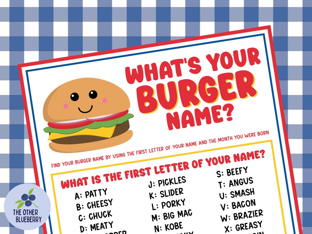 What's Your Burger Name Party Game With Name Tags & Sign BBQ Party