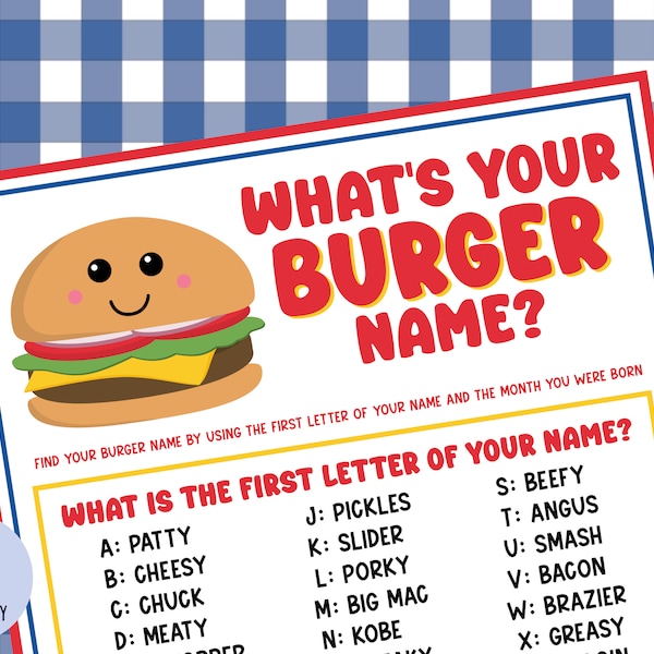 What's Your Burger Name Party Game with Name Tags & Sign | BBQ Party | Cookout | Burger Bash | Baby-Q Activity | Hamburger Game | Printable