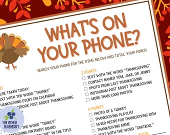 Thanksgiving What's On Your Phone Game | Thanksgiving Party Game | Thanksgiving Game | Friendsgiving Game | Turkey Day | Scavenger Hunt