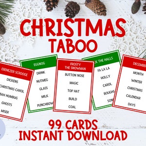 Jogo de Tabu de Natal | Jogo de Natal | Jogo de Palavras Proibidas | Jogo de Festa de Natal em Família | Diversão para Crianças e Adultos | 99 Cartões para Imprimir