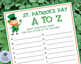 May include: A printable St. Patrick's Day game with a cartoon leprechaun. The game asks players to write something green for each letter of the alphabet.