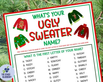 Quel est ton pull moche - Jeu de prénom avec badges et plaque | Jeu de Fête Pull Moche | Jeu Fête De Noël | Jeu Party des Fêtes | Imprimable