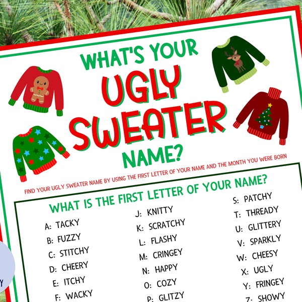 What's Your Ugly Sweater Name Game with Nametags & Sign | Ugly Sweater Party Game | Christmas Party Game | Holiday Party Game | Printable