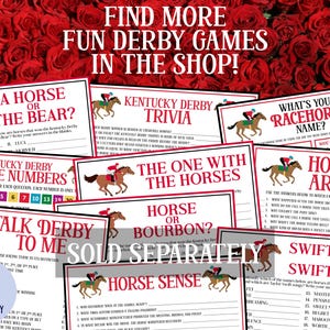K&ouml;nnte beinhalten: Eine Sammlung von druckbaren Kentucky Derby Partyspielen. Die Spiele beinhalten "Ein Pferd oder der B&auml;r?", "Kentucky Derby Trivia", "Wie hei&szlig;t dein Rennpferd?", "Kentucky Derby nach Zahlen", "Der mit den Pferden", "Herumreiten", "Reden Sie mit mir &uuml;ber das Derby", "Pferd oder Bourbon?", "Schnelles Pferd oder schnelles Lied?" und "Pferdesinn".