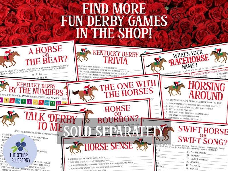 K&ouml;nnte beinhalten: Eine Sammlung von druckbaren Kentucky Derby Partyspielen. Die Spiele beinhalten "Ein Pferd oder der B&auml;r?", "Kentucky Derby Trivia", "Wie hei&szlig;t dein Rennpferd?", "Kentucky Derby nach Zahlen", "Der mit den Pferden", "Herumreiten", "Reden Sie mit mir &uuml;ber das Derby", "Pferd oder Bourbon?", "Schnelles Pferd oder schnelles Lied?" und "Pferdesinn".