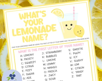 What's Your Lemonade Name Game with Name Tags & Sign | Lemonade Bar | Lemonade Stand | Main Squeeze | Birthday | Lemon Shower | Printable