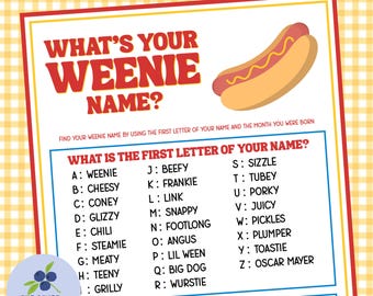 May include: A rectangular game sheet titled WHAT'S YOUR WEENIE NAME? featuring a hot dog illustration. It includes instructions to find a name using the first letter of your name and birth month, with a list of letter-to-name mappings from A to Z.