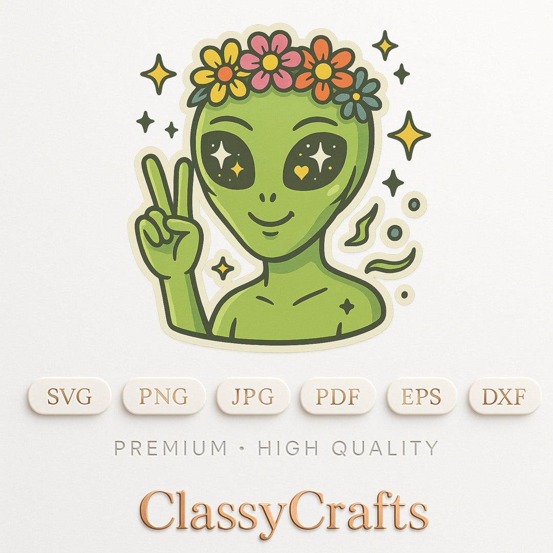 Alien Peace Digital, Svg, Png, Clipart, Cute Alien With Flower Crown ...