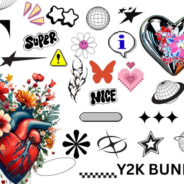 Y2K Attributes, Y2k Svg bundle, Butterfly svg, heart svg, flower svg, star svg,Logo, Y2K Logo Design, Y2K Png, Y2k clipart, Y2k, retro svg