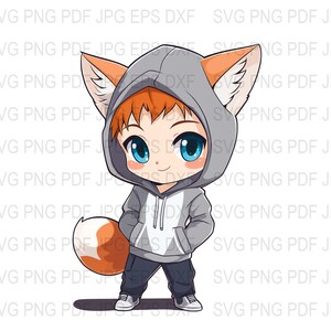 Cute Fox Boy SVG Clipart, Kawaii Fox Character PNG, Adorable Chibi Fox Digital Download, Anime Style Fox JPG, Kids Room Decor Art