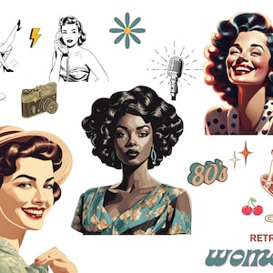 Femmes rétro SVG, svg femme vintage, svg de Style des années 80, clipart rétro, png portrait rétro, silhouette rétro, style SVG des années 70, svg puissance féminine
