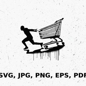 Lopende persoon winkelwagen kunst, zwart-wit digitale download, winkelwagen SVG, wanddecoratie, drukte print, Instant Download kunst