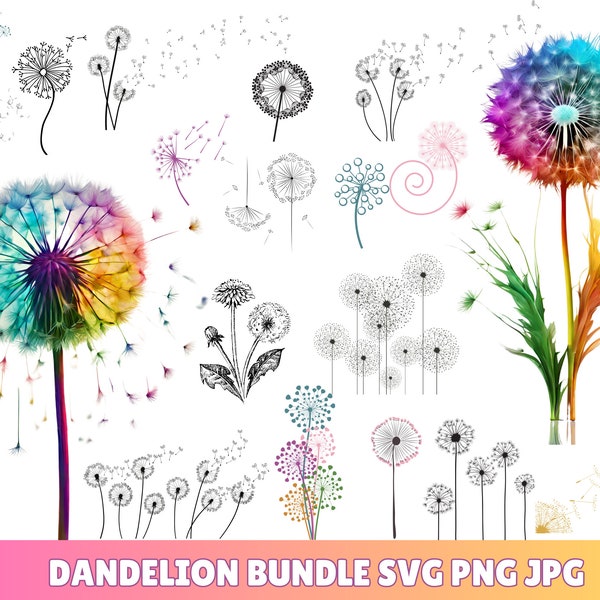 Dandelion Svg Bundle, Dandelion Svg, rainbow clipart, Dandelion Png, Clipart, Just Breathe Svg, Dandelion Blowing Svg, PNG, flower svg