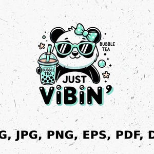 Lindo panda vibrando con té de burbujas Svg Clipart, divertido panda de té de burbujas descargable, adorable panda imprimible, arte de panda kawaii