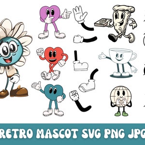 Bundle SVG rétro, mascotte rétro, clipart Groovy des années 70, Happy pizza, rétro, VintageRetro mascot PNGs, visages de personnages rétro, visages rétro, mascotte