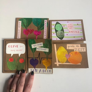 Cartões de felicitações de dia dos namorados com trocadilho vegetariano feito à mão