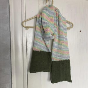 Handknit Soft Green and Pastel Rainbow Scarf