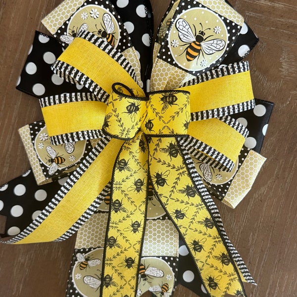 Honey bee wreath bow honeycomb bumblebee bow yellow and black spring wreath bow bee lantern  bow summer wreath bow