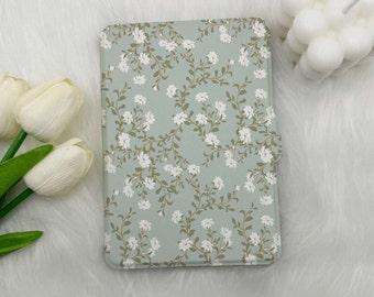 Light green white flower-Kindle 11th case-KPW 11th case-All new kindle case-Kindle Paperwhite 11th case-11th GEN kindle-kindle 11th gen