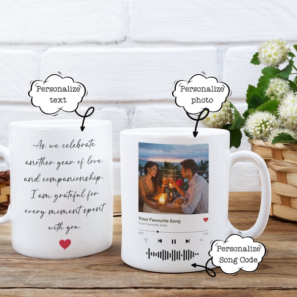 Benutzerdefinierte Musikfototasse, perfektes Jubiläumsgeschenk, personalisierte Kaffeeteetasse, Lieblingsliedkünstlertasse mit Scan QR-Code, individueller Name