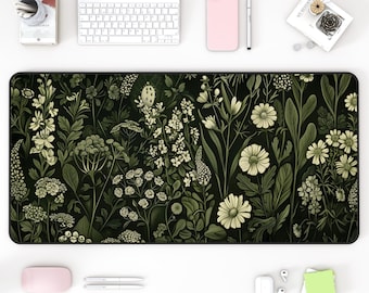 Botanical Desk Mat: Green Floral Plant Design, Large Keyboard Pad