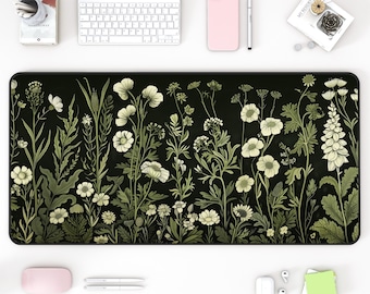 Green Botanical Desk Mat: Floral Plant Design, Large Keyboard Pad